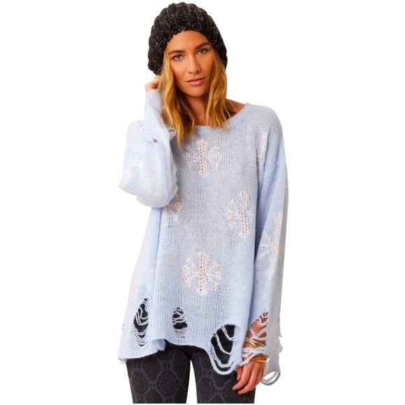 WILDFOX Wool Blend Pastel Blue Distressed White Snowflake Sweater - Picture 10 of 13